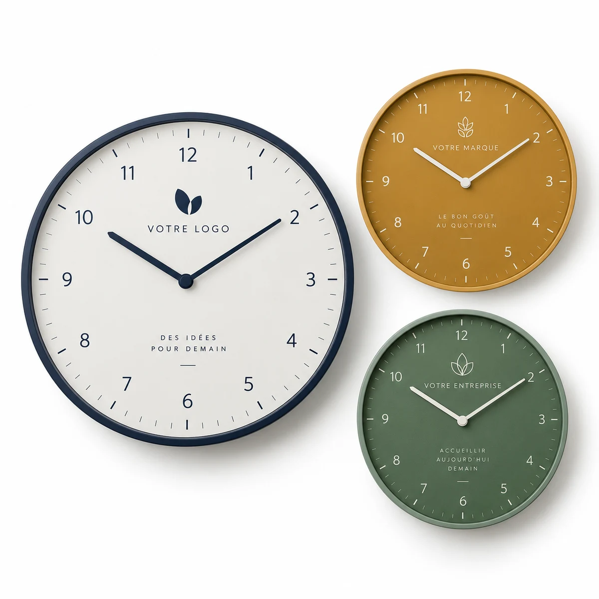 Trois exemples d’horloges publicitaires avec une identité d’entreprise, d’artisan et d’hôtel